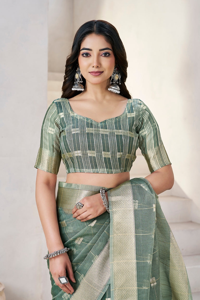 Green Linen Cotton Zari Silk Weaving Saree