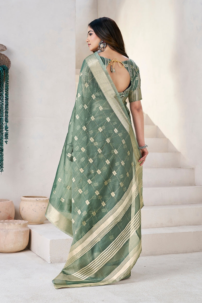 Green Linen Cotton Zari Silk Weaving Saree