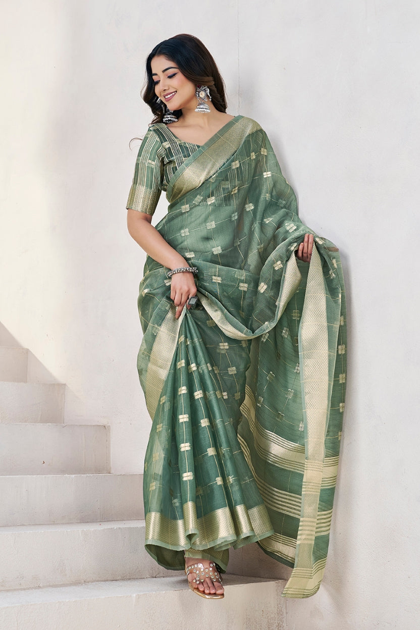 Green Linen Cotton Zari Silk Weaving Saree