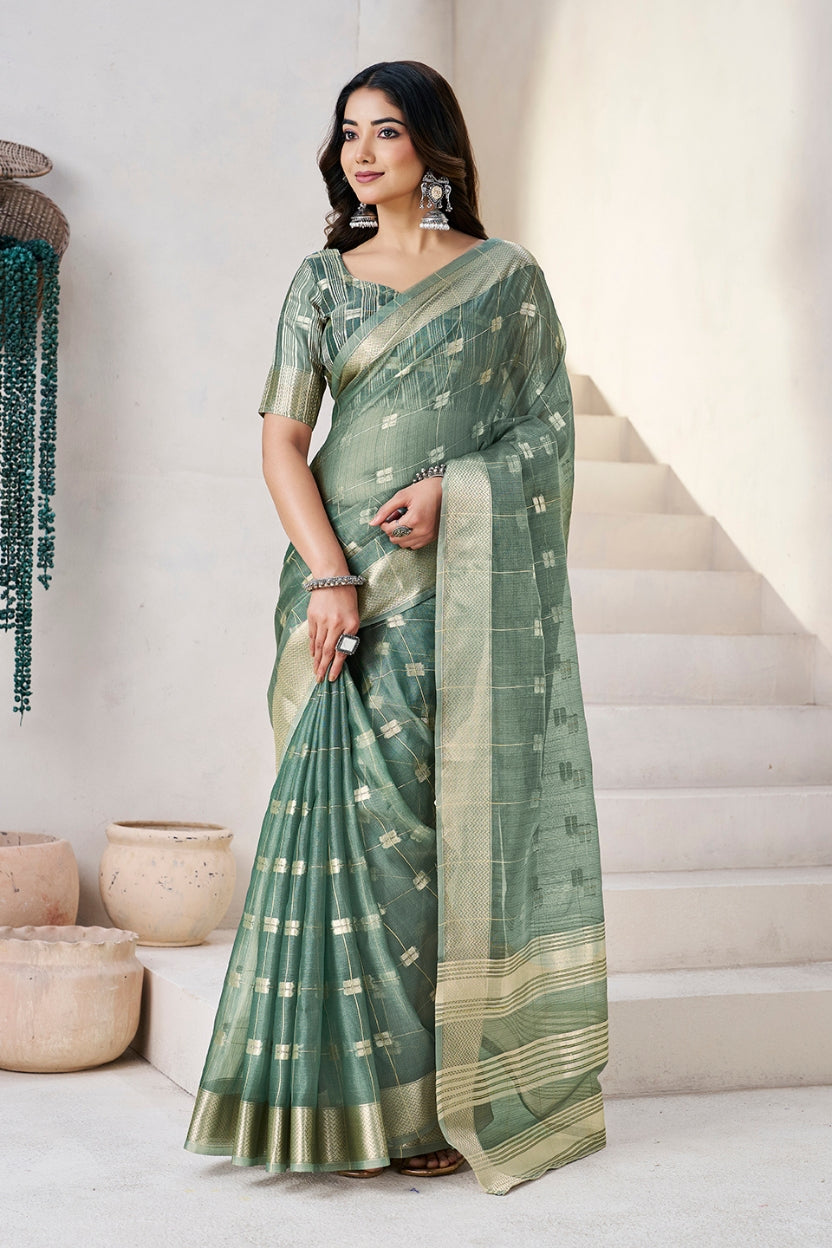 Green Linen Cotton Zari Silk Weaving Saree
