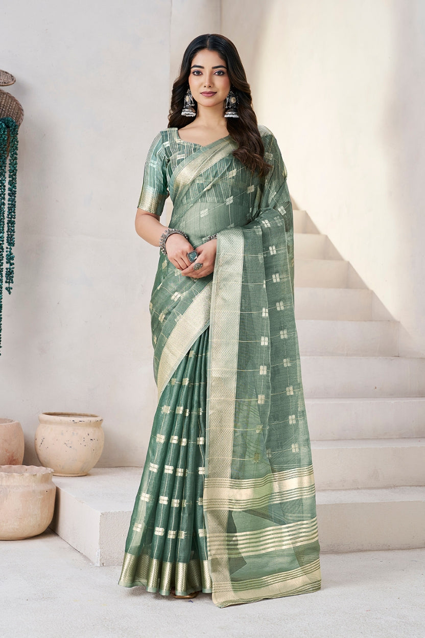 Green Linen Cotton Zari Silk Weaving Saree