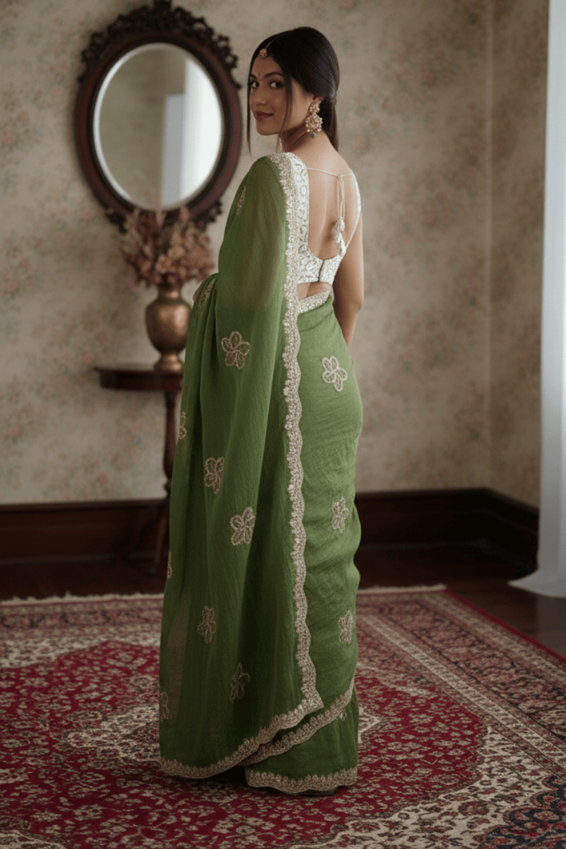 Green Crunchy Silk Embroidery Saree