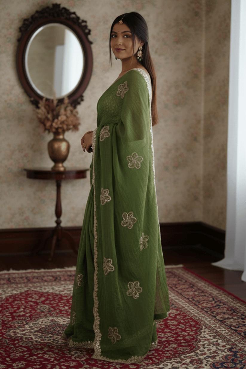 Green Crunchy Silk Embroidery Saree