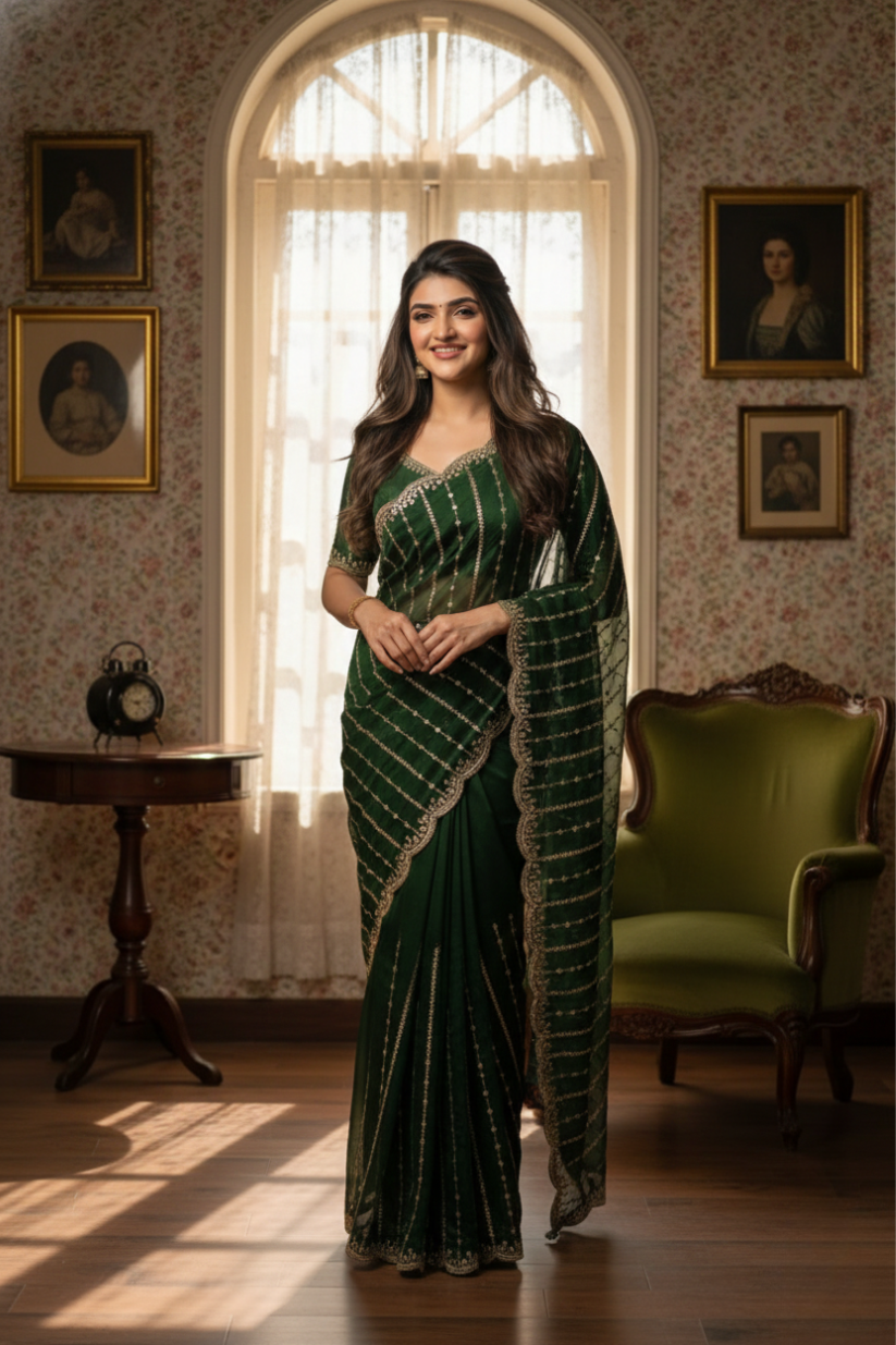 Green Fendi Satin Embroidery Saree