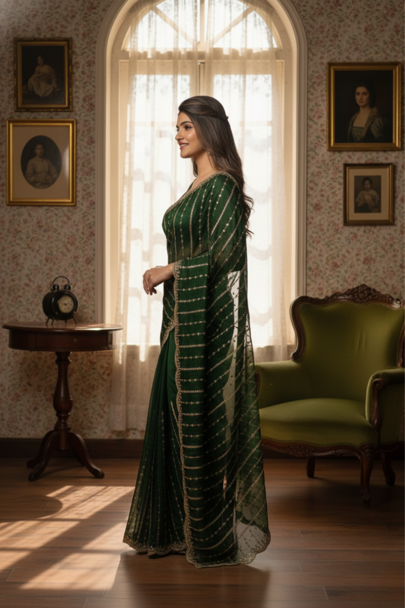 Green Fendi Satin Embroidery Saree
