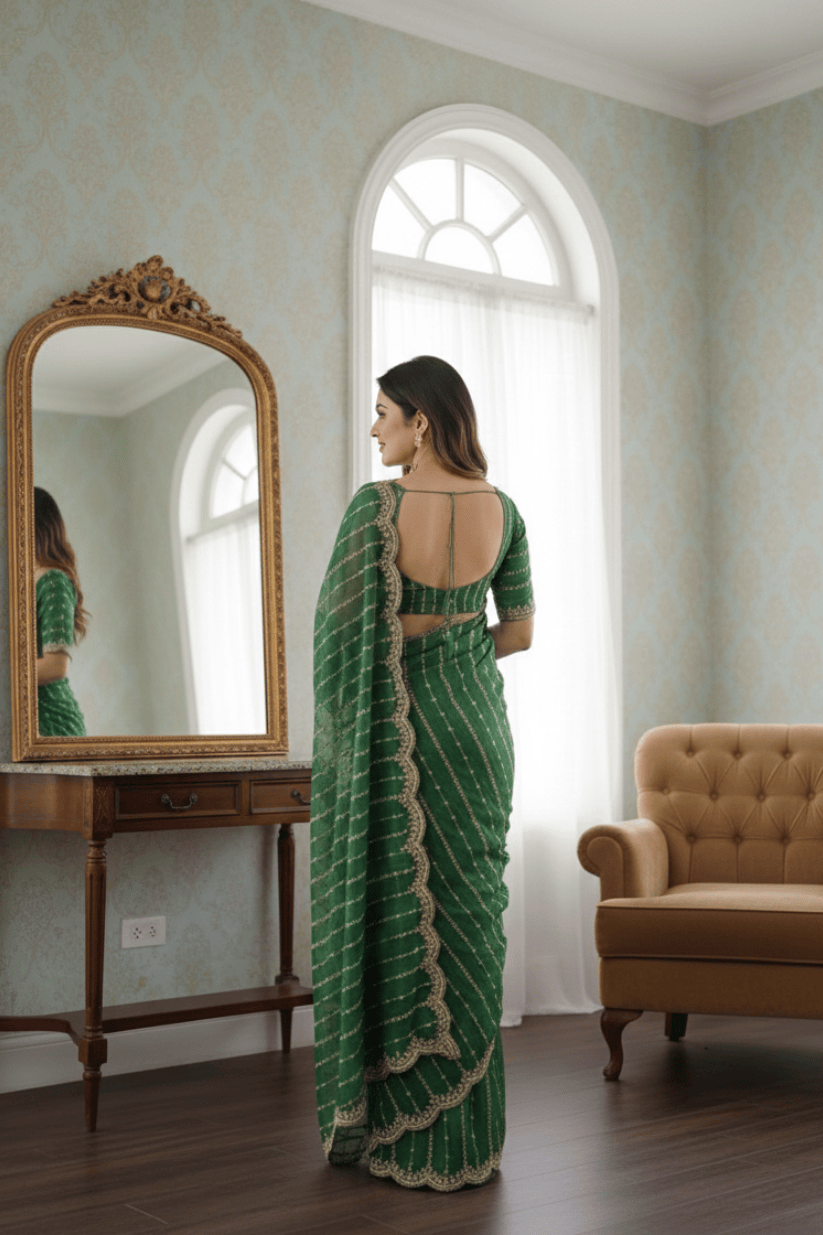 Green Fendi Satin Embroidery Saree
