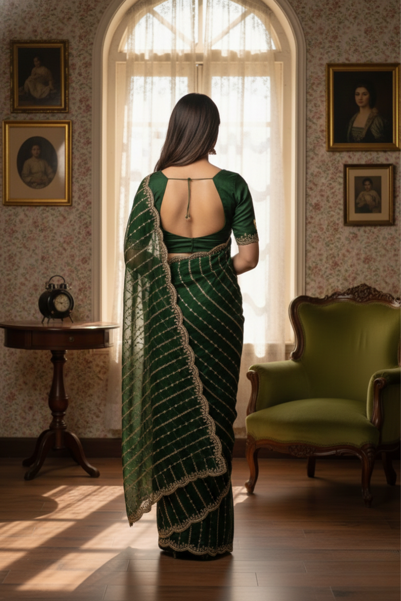 Green Fendi Satin Embroidery Saree