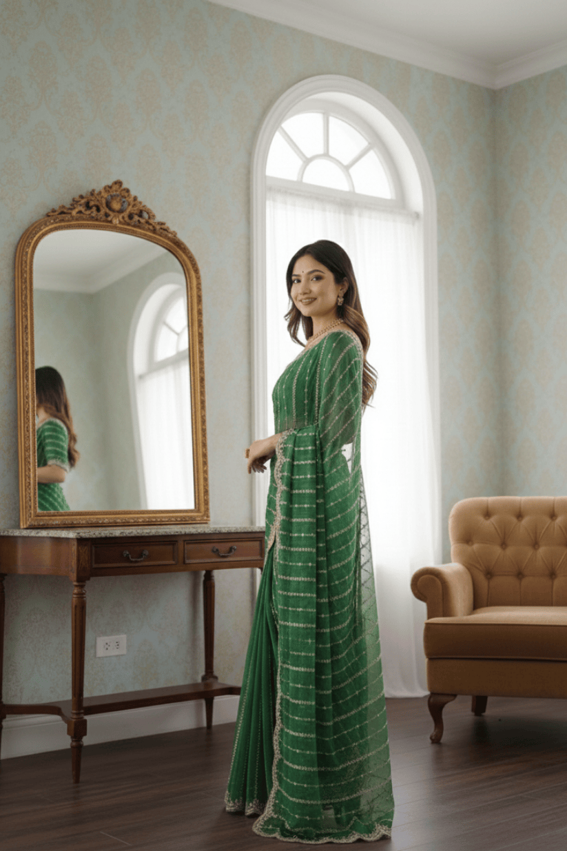 Green Fendi Satin Embroidery Saree