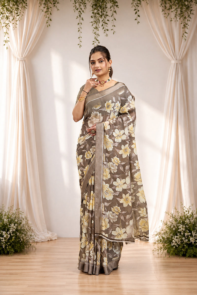 Green Floral Print Bright Moss Satin Border Saree