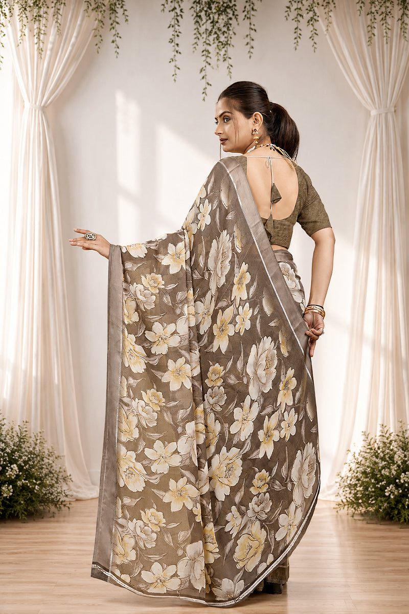 Green Floral Print Bright Moss Satin Border Saree