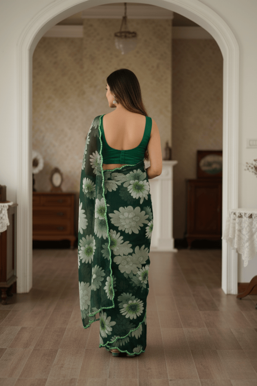 Green Floral Printed Georgette Saree