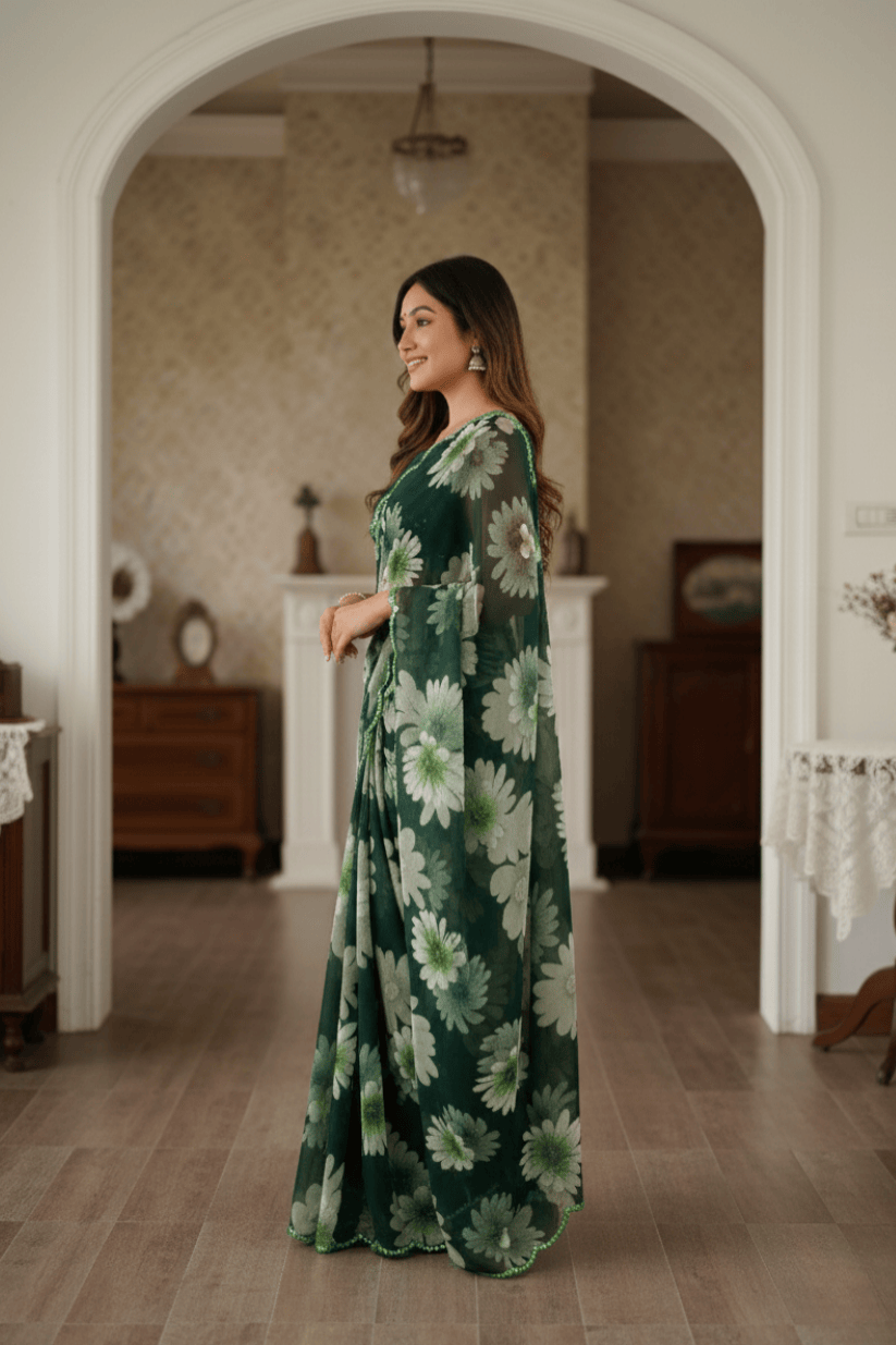Green Floral Printed Georgette Saree