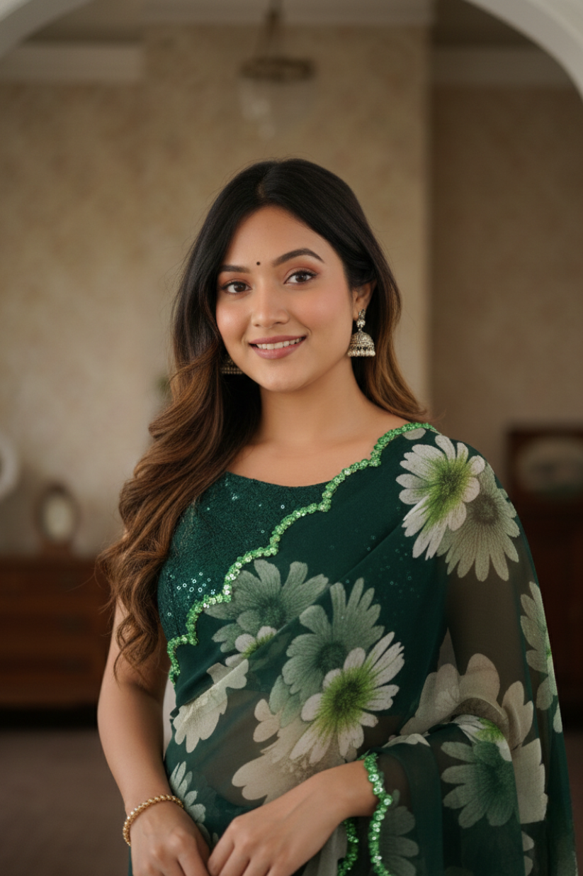 Green Floral Printed Georgette Saree