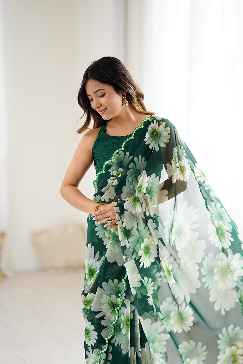 Green Floral Printed Georgette Saree