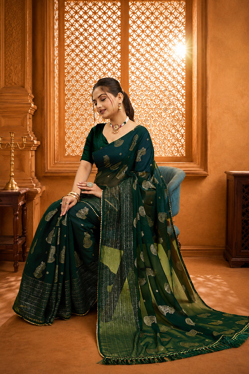 Green Foil Printed Georgette Saree