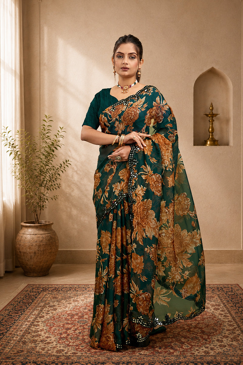 Green Foil Work Border Georgette saree