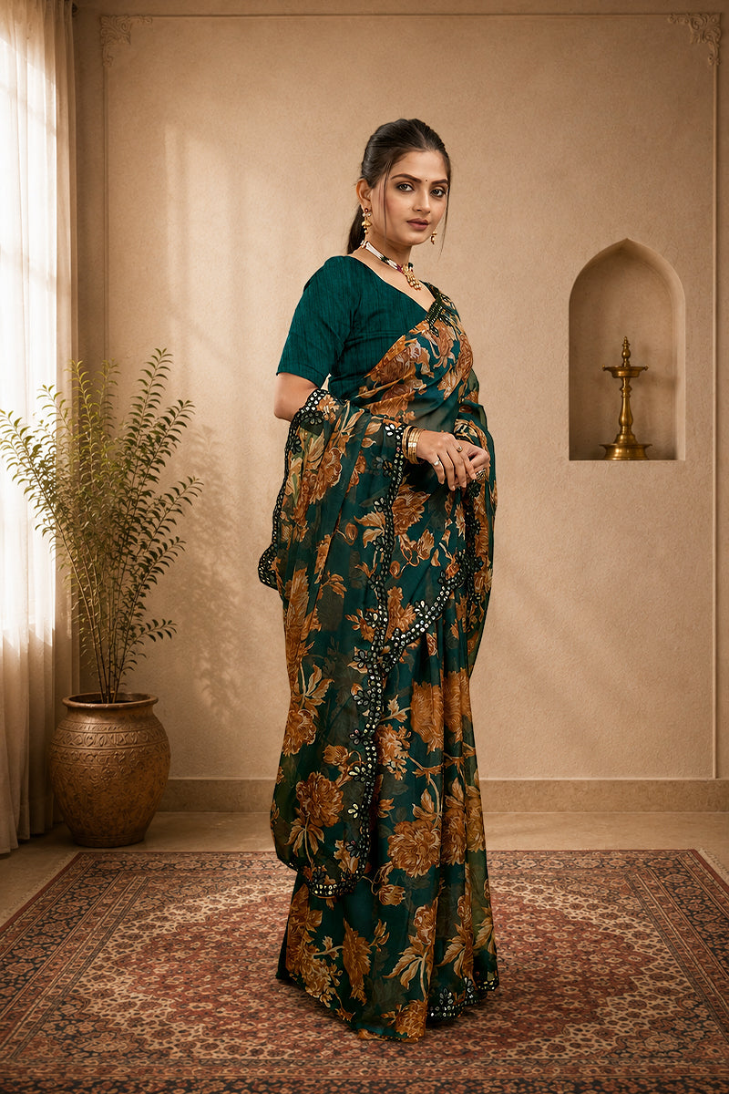 Green Foil Work Border Georgette saree