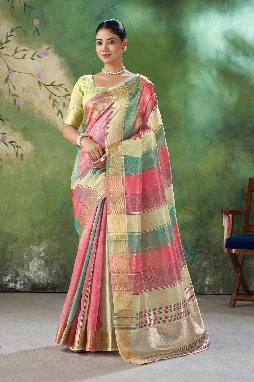 Green Linen Cotton Zari Weaving Saree