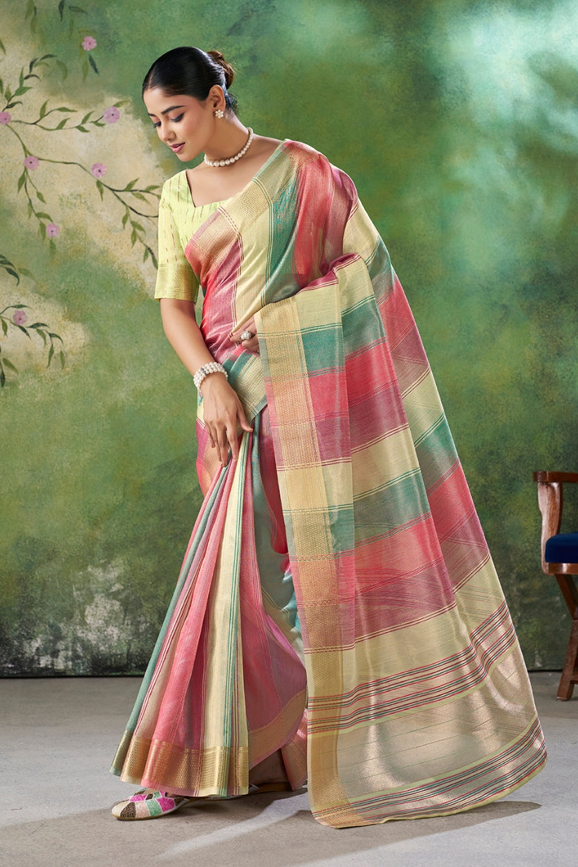 Green Linen Cotton Zari Weaving Saree
