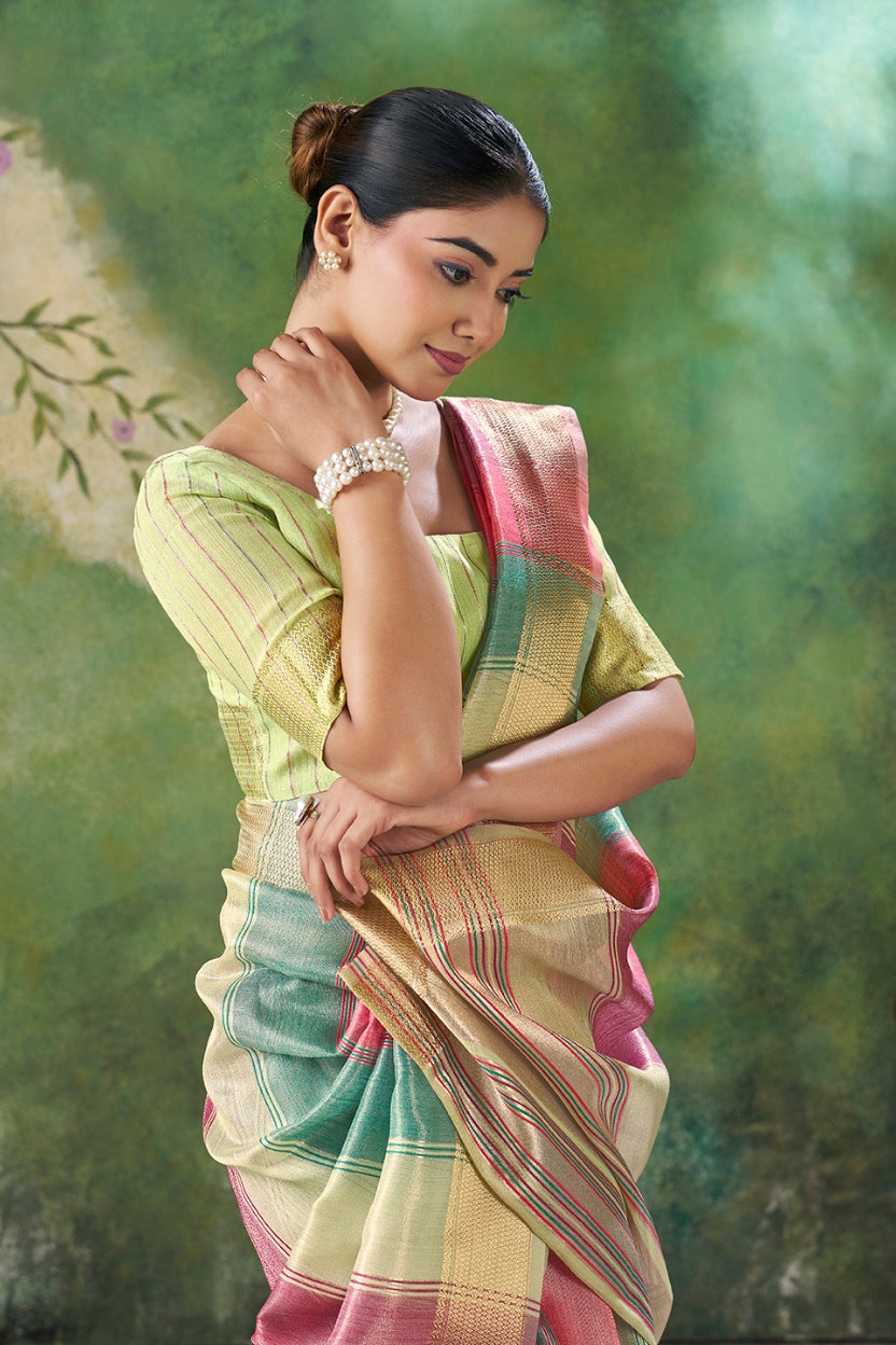 Green Linen Cotton Zari Weaving Saree