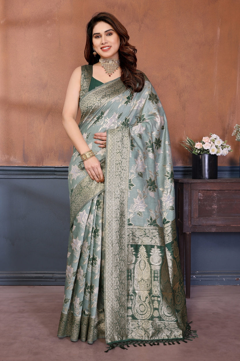 Green Lotus Cotton Blend Jacquard Zari Saree