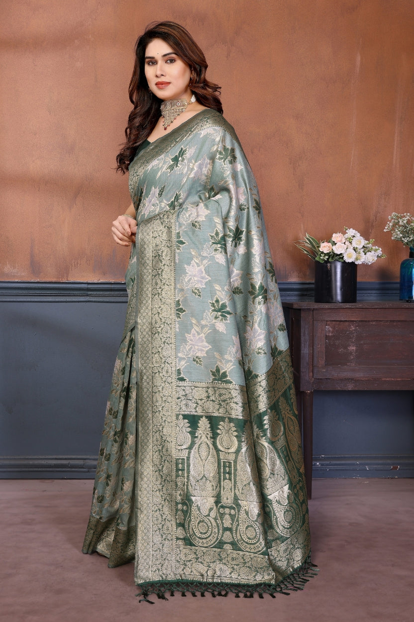 Green Lotus Cotton Blend Jacquard Zari Saree