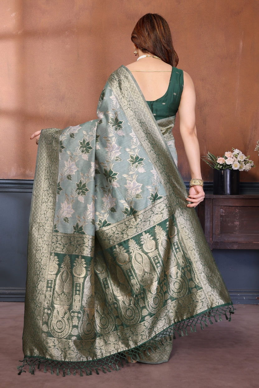 Green Lotus Cotton Blend Jacquard Zari Saree