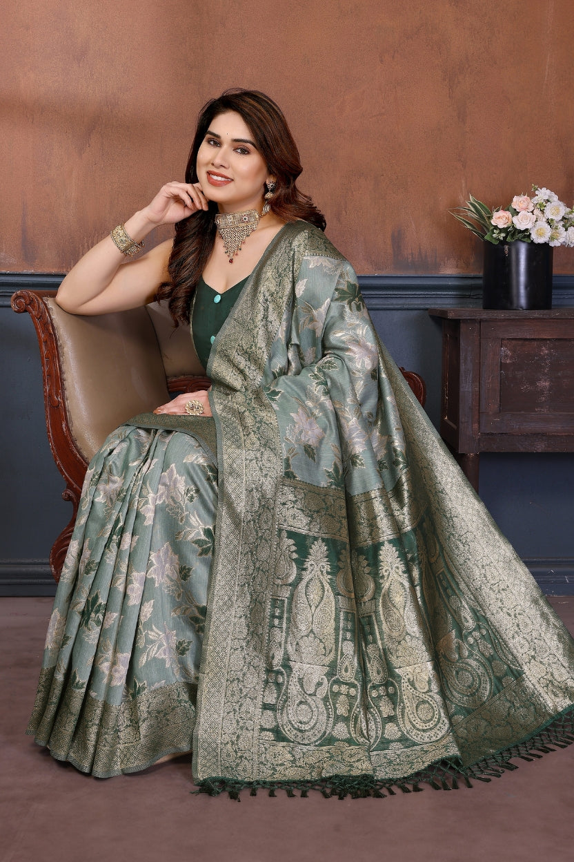 Green Lotus Cotton Blend Jacquard Zari Saree