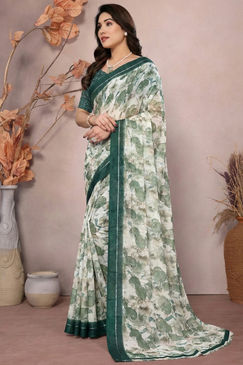 Green Satin Printed Saree