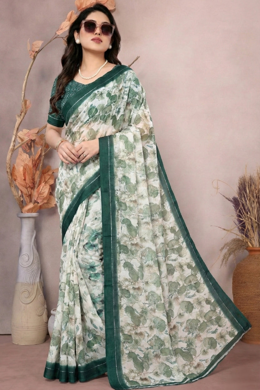 Green Satin Printed Saree