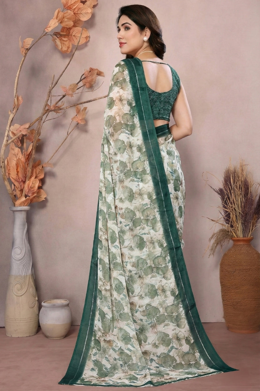 Green Satin Printed Saree