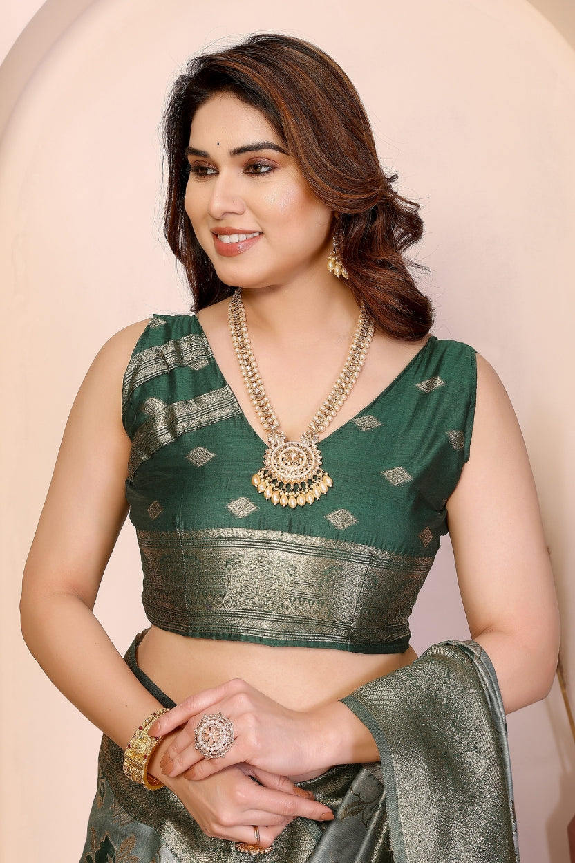 Green Cotton Blend Jacquard Zari Saree