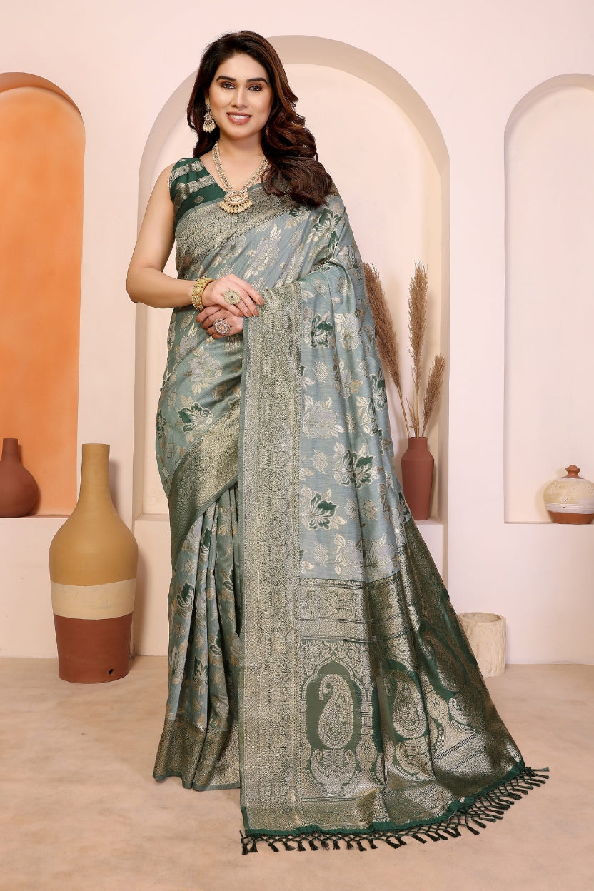 Green Cotton Blend Jacquard Zari Saree