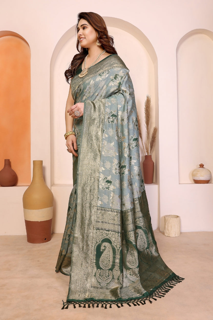 Green Cotton Blend Jacquard Zari Saree
