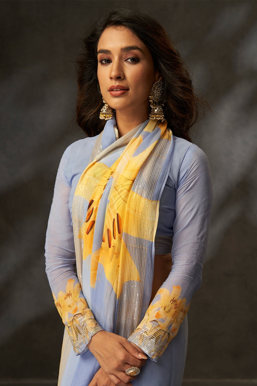 Grey Digital Printed Georgette Saree