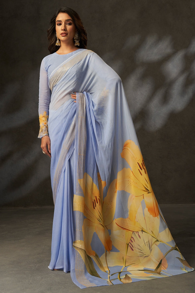 Grey Digital Printed Georgette Saree
