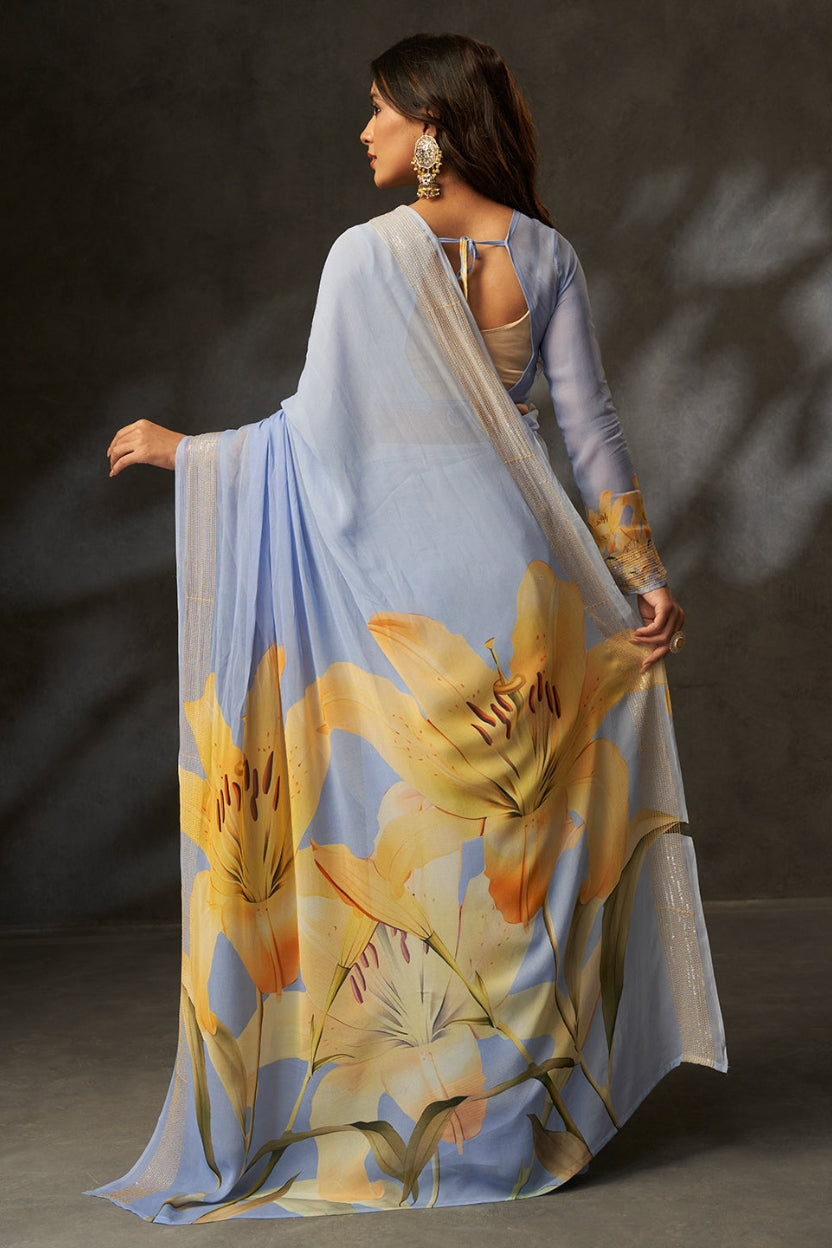 Grey Digital Printed Georgette Saree