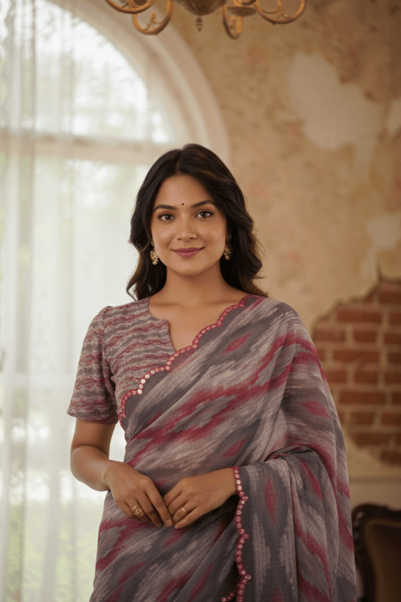 Grey Printed Mirror Work Georgette Saree