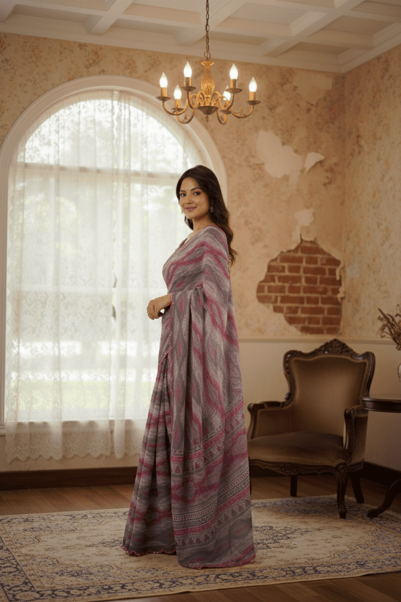 Grey Printed Mirror Work Georgette Saree