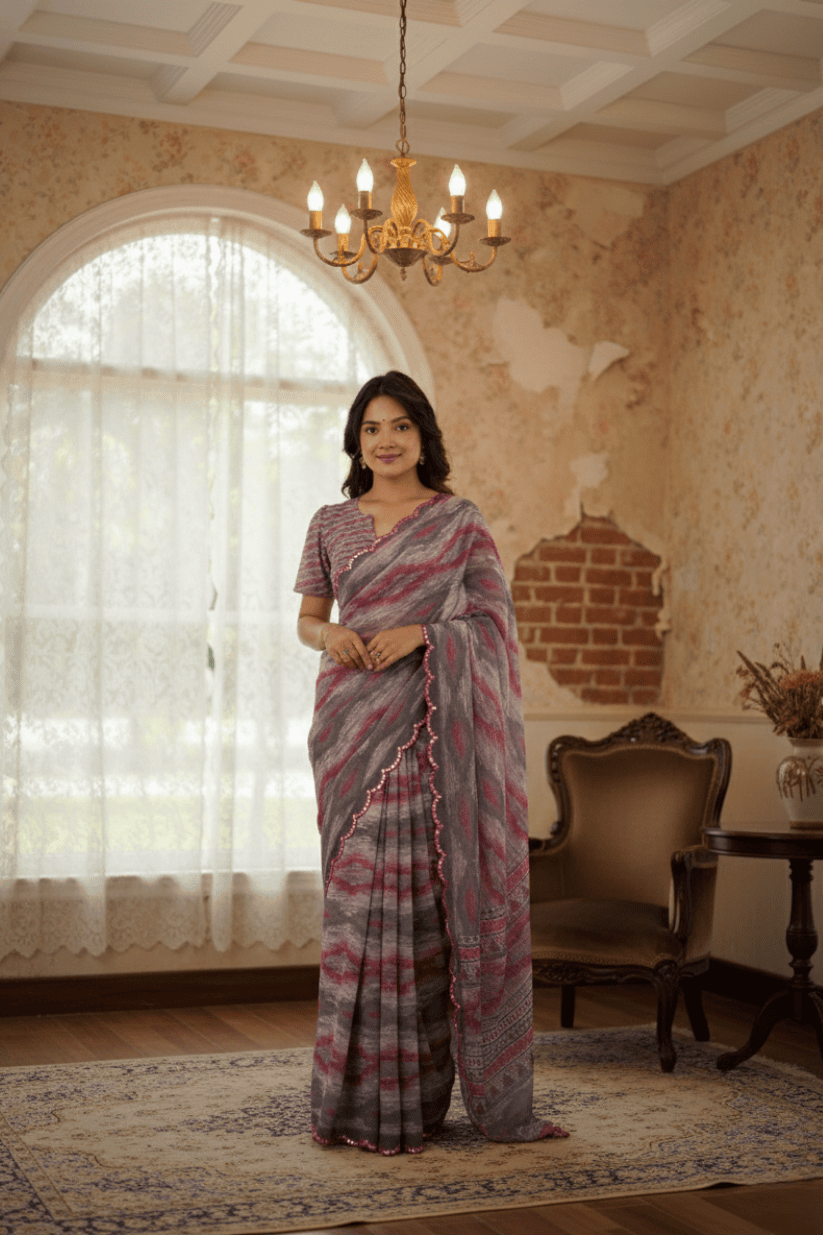 Grey Printed Mirror Work Georgette Saree