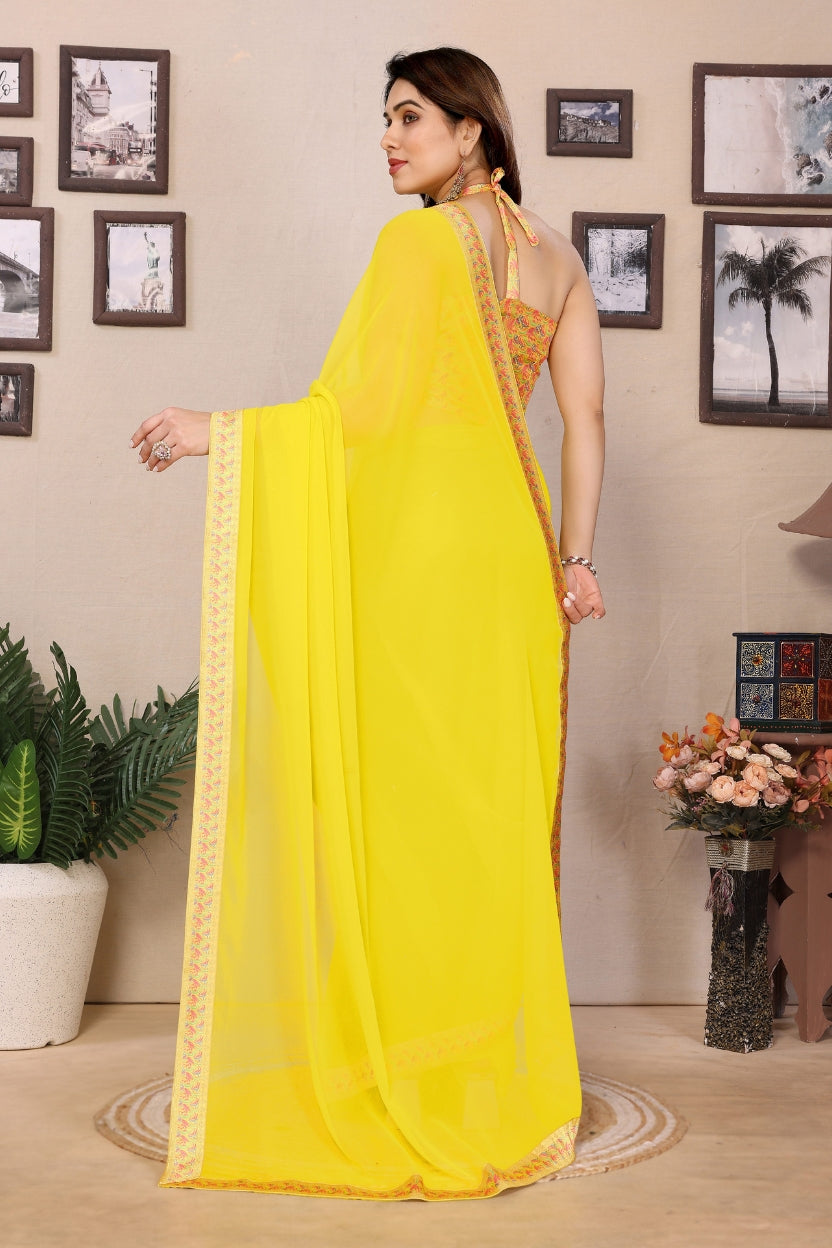 Lemon Yellow Georgette Lace Border Saree