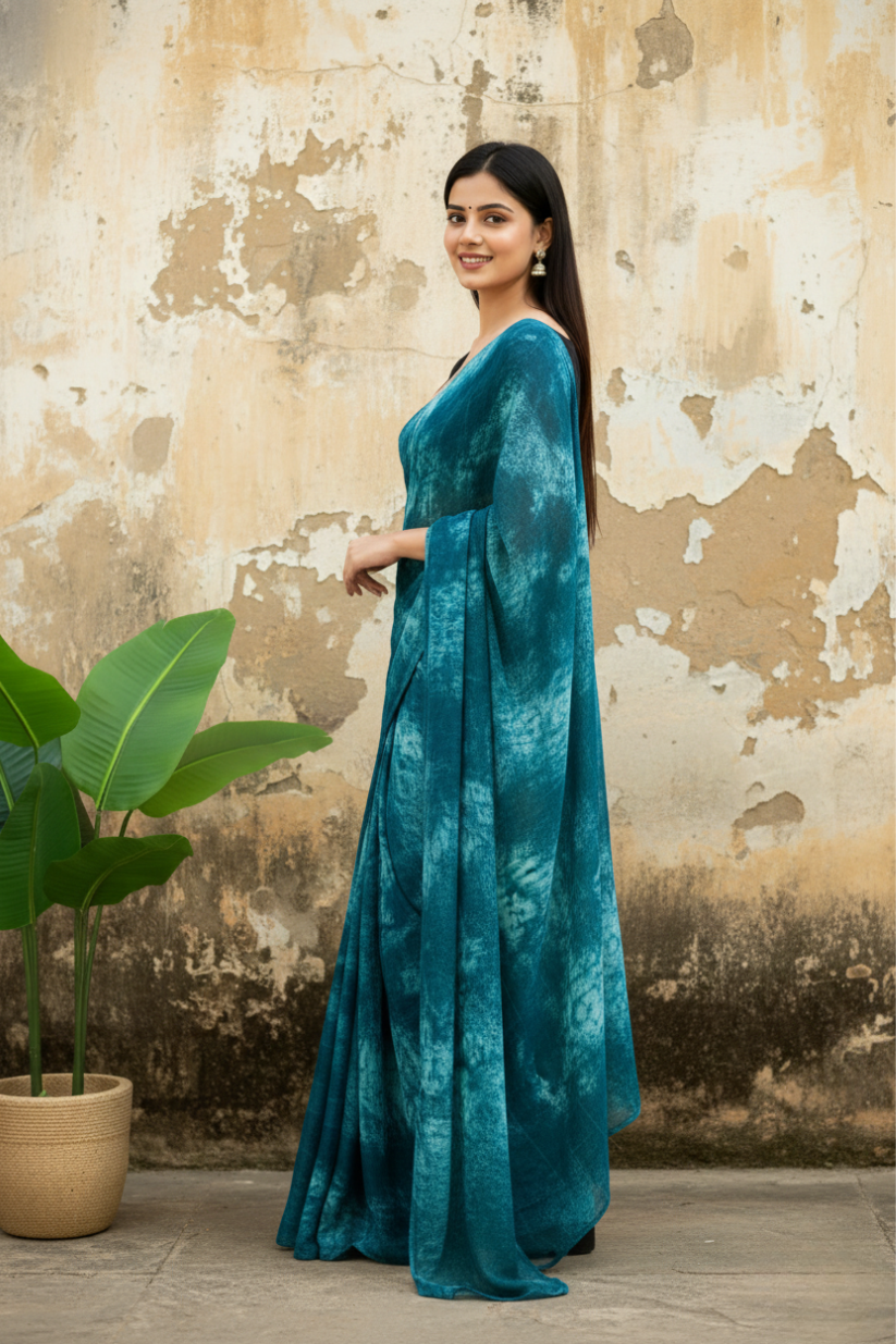 Light Blue Ready To Wear Marble Dyed Rangoli Silk Saree