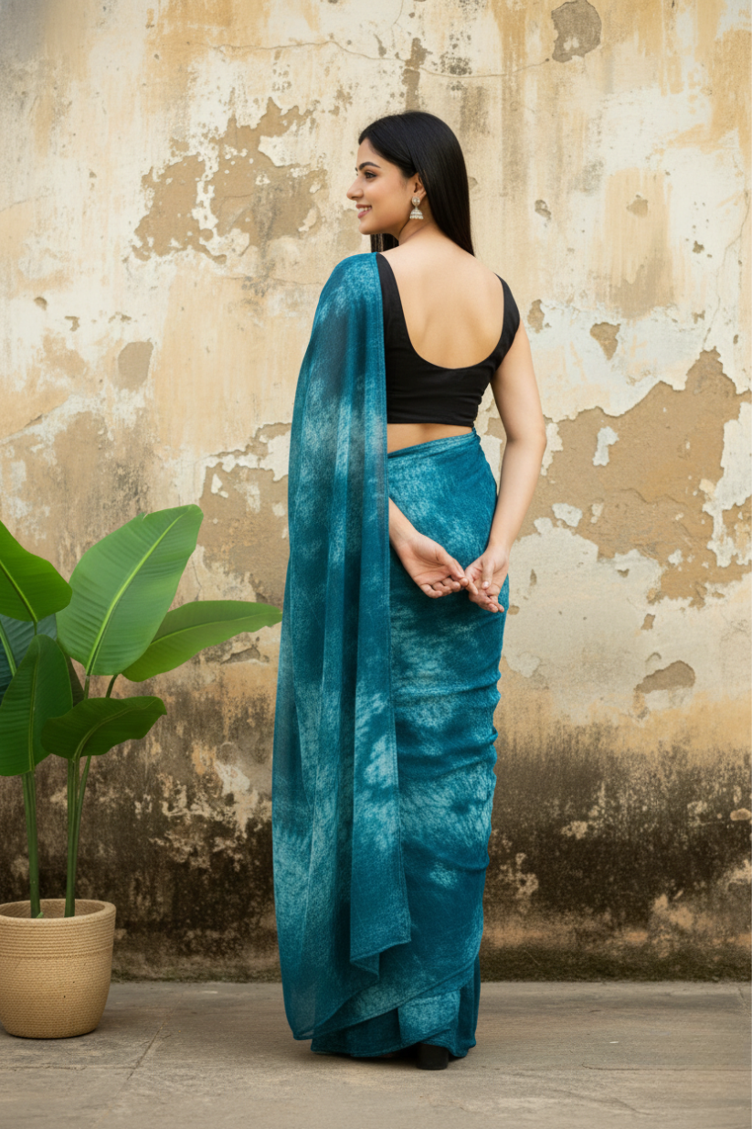 Light Blue Ready To Wear Marble Dyed Rangoli Silk Saree