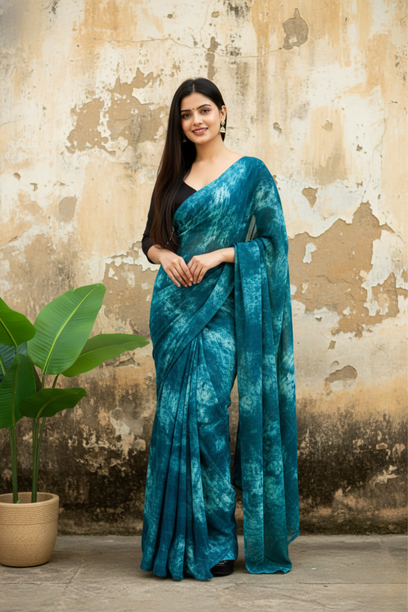 Light Blue Ready To Wear Marble Dyed Rangoli Silk Saree