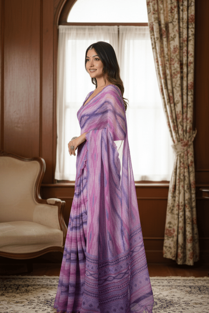 Light Purple Printed Mirror Work Georgette Saree