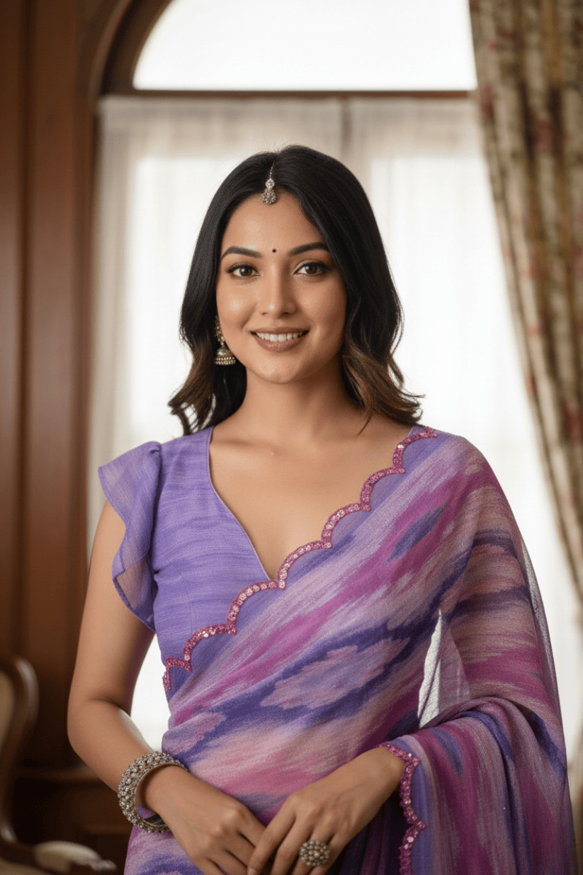 Light Purple Printed Mirror Work Georgette Saree
