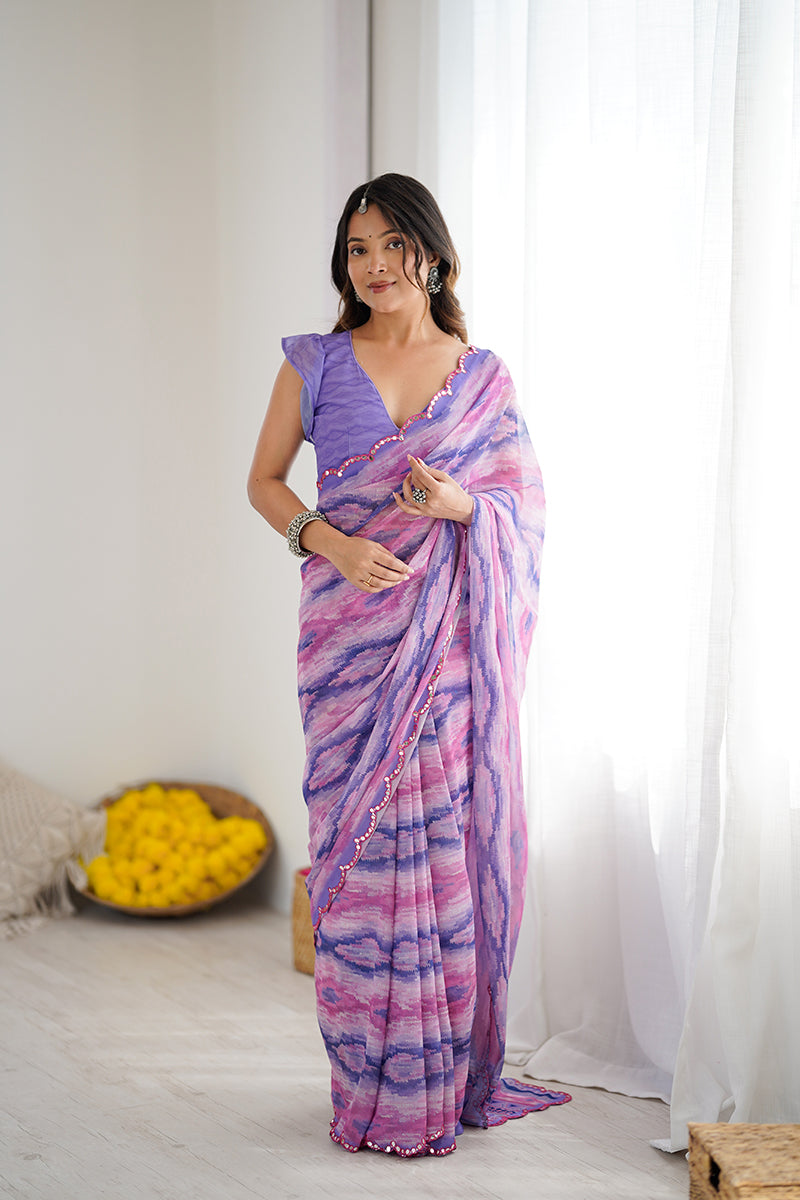 Light Purple Printed Mirror Work Georgette Saree