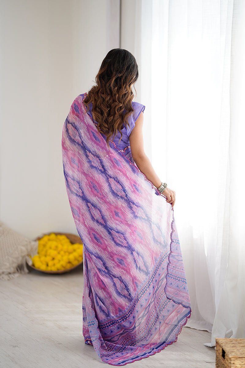 Light Purple Printed Mirror Work Georgette Saree