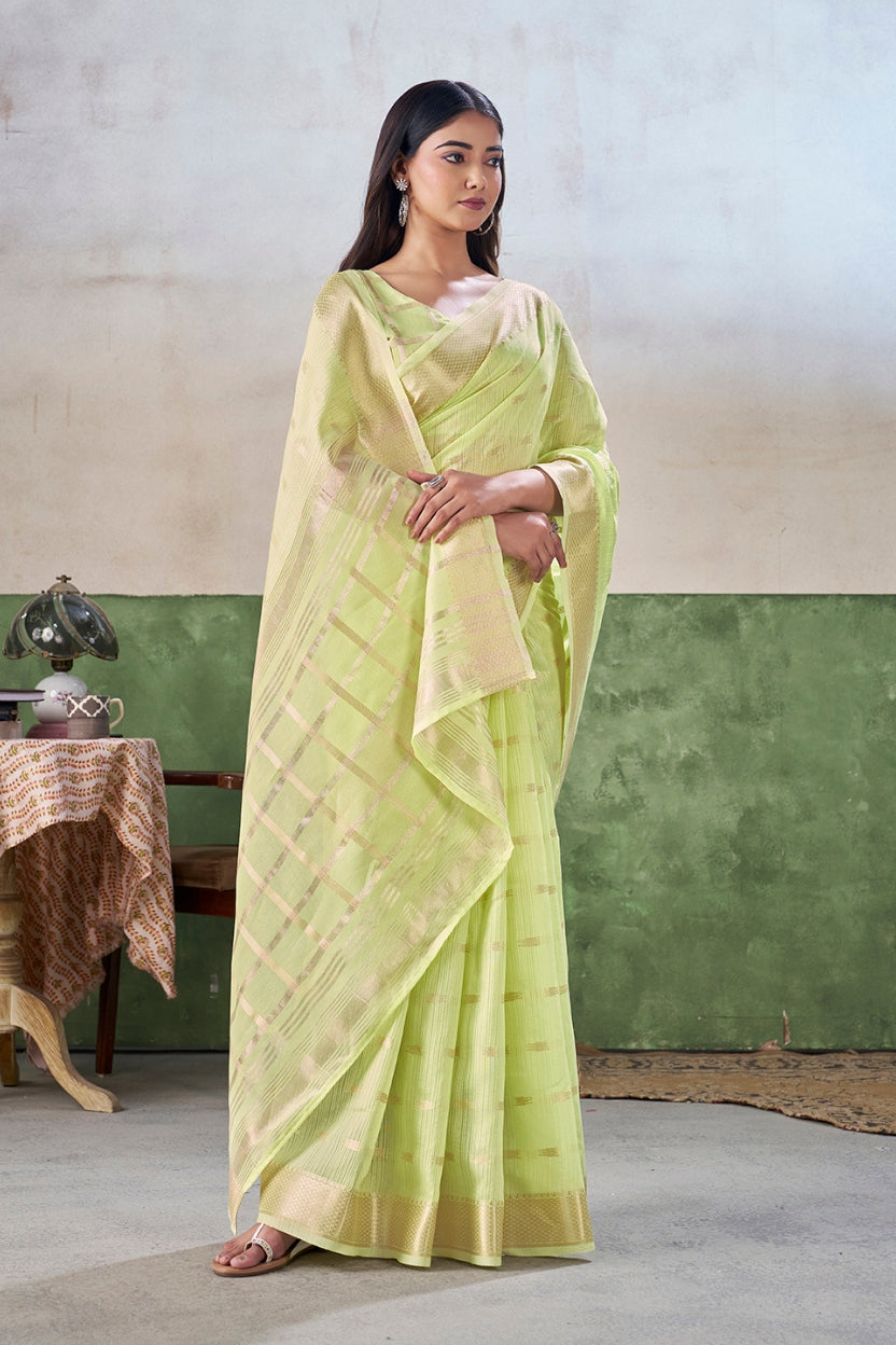 Lime Green Linen Cotton Saree
