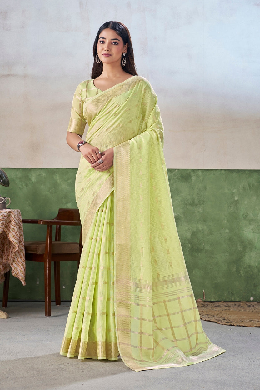 Lime Green Linen Cotton Saree